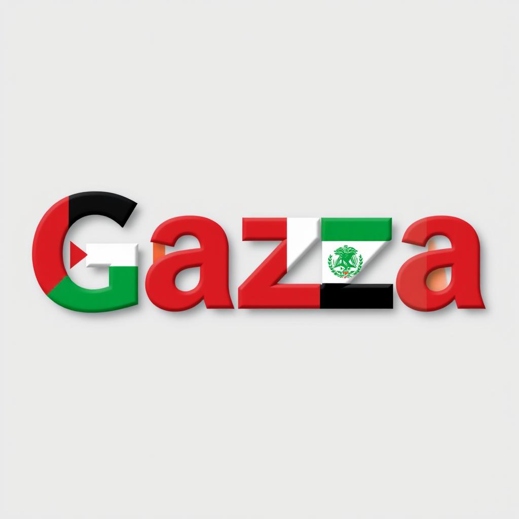 Design of the word 'Gaza' beautifully adorned with the colors of the Palestinian, Syrian, Jordanian, Lebanese, Iraqi, and Egyptian flags