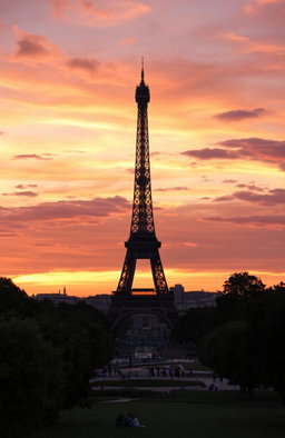 The Eiffel Tower during sunset, showcasing the iconic structure against a dramatically colored sky