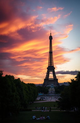 The Eiffel Tower during sunset, showcasing the iconic structure against a dramatically colored sky