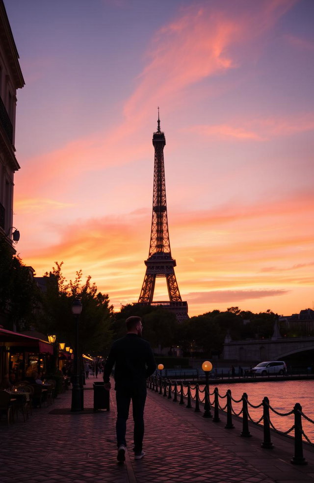 The Eiffel Tower at dusk, beautifully illuminated against a vibrant sunset sky with hues of orange, pink, and purple