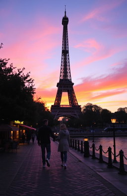 The Eiffel Tower at dusk, beautifully illuminated against a vibrant sunset sky with hues of orange, pink, and purple