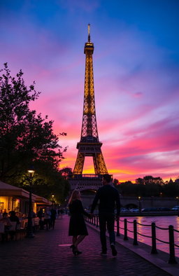 The Eiffel Tower at dusk, beautifully illuminated against a vibrant sunset sky with hues of orange, pink, and purple