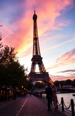 The Eiffel Tower at dusk, beautifully illuminated against a vibrant sunset sky with hues of orange, pink, and purple