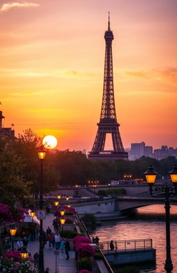 An evening scene of the Eiffel Tower bathed in warm golden light during sunset