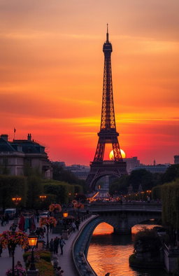 An evening scene of the Eiffel Tower bathed in warm golden light during sunset