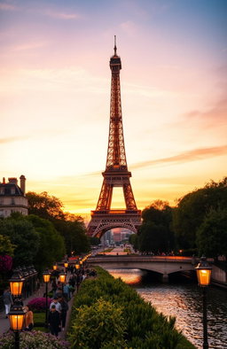 An evening scene of the Eiffel Tower bathed in warm golden light during sunset