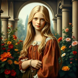 A historically accurate Renaissance painting featuring a beautiful blonde girl in a traditional Renaissance attire