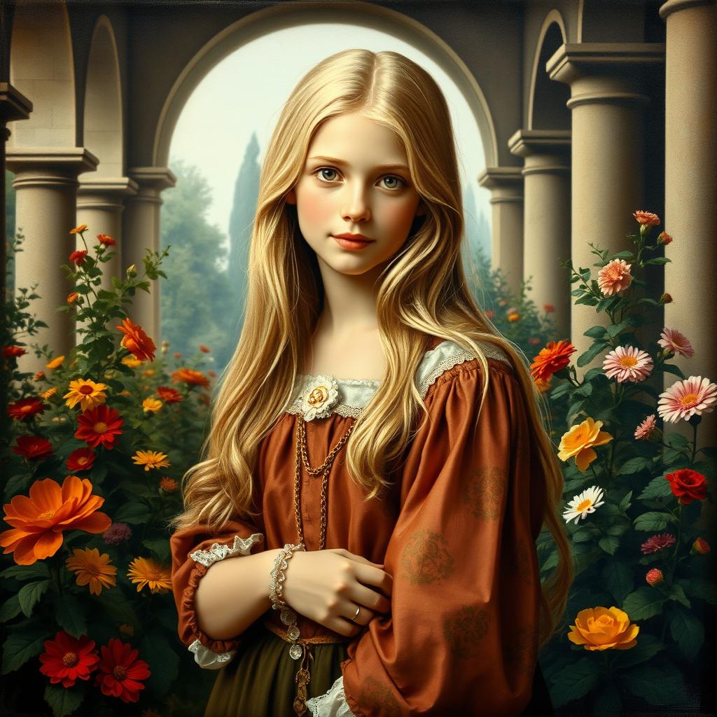 A historically accurate Renaissance painting featuring a beautiful blonde girl in a traditional Renaissance attire