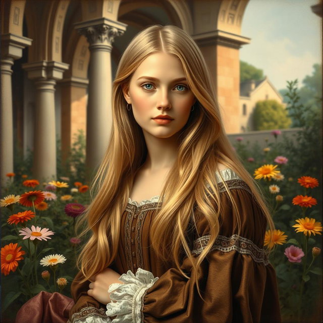 A historically accurate Renaissance painting featuring a beautiful blonde girl in a traditional Renaissance attire