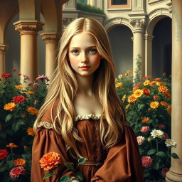 A historically accurate Renaissance painting featuring a beautiful blonde girl in a traditional Renaissance attire