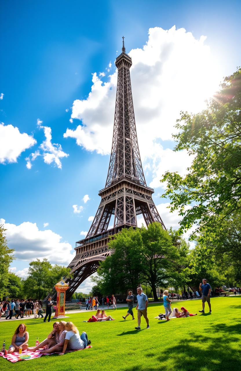 A stunning view of the Eiffel Tower during summer, surrounded by vibrant green trees and blooming flowers