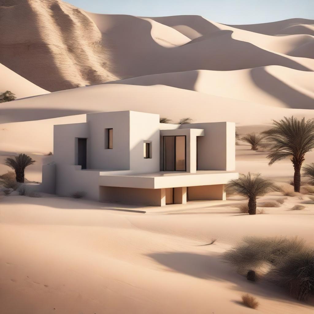 A serene and beautiful desert landscape featuring an exquisite and well-equipped house, symbolizing a princess's refuge. The house should neither be lavish nor underwhelming, rather a perfect blend of luxury and minimalist aesthetic.