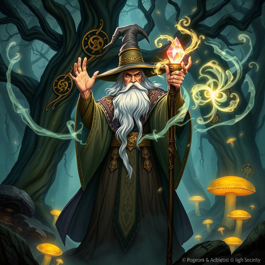 A powerful wizard casting a spell, surrounded by swirling magical energies and arcane symbols