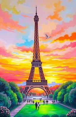 A vibrant and colorful art painting of the Eiffel Tower, capturing its iconic silhouette against a backdrop of a stunning sunset sky filled with hues of orange, pink, and purple