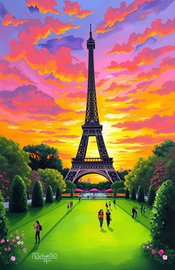A vibrant and colorful art painting of the Eiffel Tower, capturing its iconic silhouette against a backdrop of a stunning sunset sky filled with hues of orange, pink, and purple