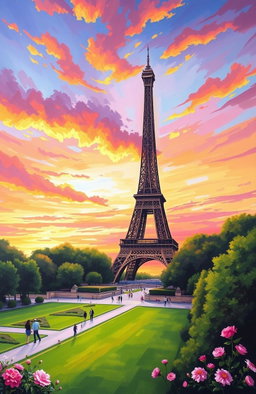 A vibrant and colorful art painting of the Eiffel Tower, capturing its iconic silhouette against a backdrop of a stunning sunset sky filled with hues of orange, pink, and purple