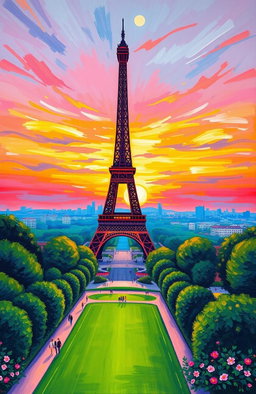A vibrant and colorful art painting of the Eiffel Tower, capturing its iconic silhouette against a backdrop of a stunning sunset sky filled with hues of orange, pink, and purple