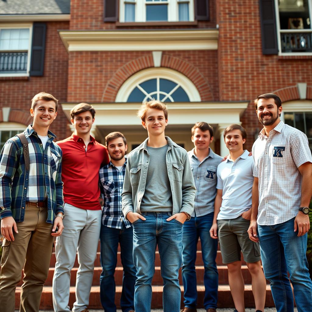A lively scene featuring a cute, shorter gay fraternity pledge standing confidently at the center, surrounded by tall, supportive frat brothers