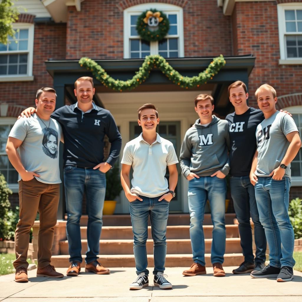 A cheerful scene depicting a cute, shorter gay fraternity pledge standing at the center, radiating confidence and joy, while surrounded by tall, supportive frat brothers