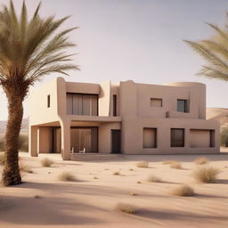 A serene and beautiful desert landscape featuring an exquisite and well-equipped house, symbolizing a princess's refuge. The house should neither be lavish nor underwhelming, rather a perfect blend of luxury and minimalist aesthetic.