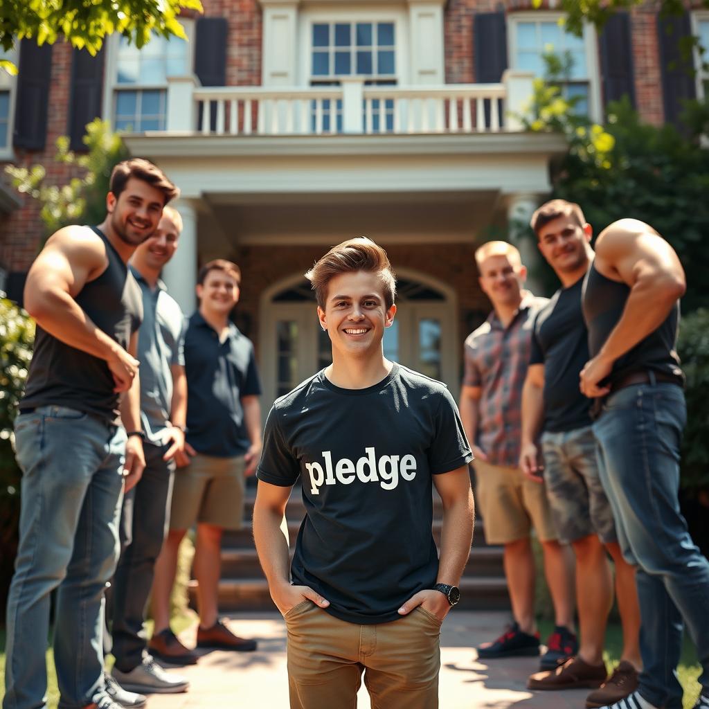 A cheerful scene featuring a cute, petite gay fraternity pledge standing in the center, wearing a shirt that boldly says 'pledge'