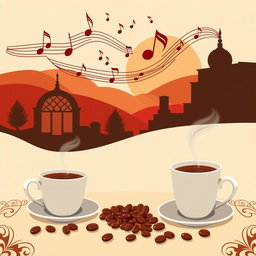 A vibrant graphic design for a coffee shop wallpaper inspired by the famous Lebanese singer Fairouz