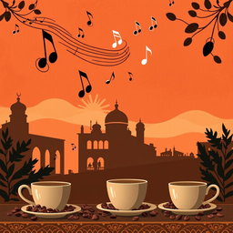 A vibrant graphic design for a coffee shop wallpaper inspired by the famous Lebanese singer Fairouz