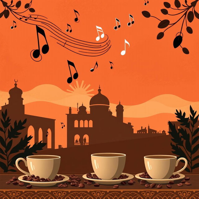 A vibrant graphic design for a coffee shop wallpaper inspired by the famous Lebanese singer Fairouz