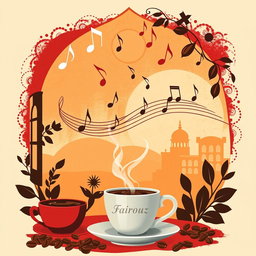 A vibrant graphic design for a coffee shop wallpaper inspired by the famous Lebanese singer Fairouz