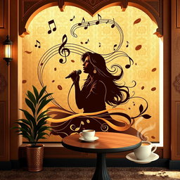 A beautiful wallpaper graphic design for a coffee shop, inspired by the iconic Lebanese singer Fairouz