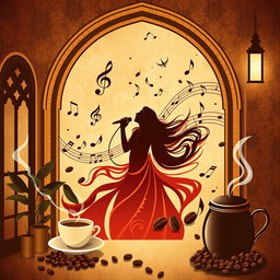 A beautiful wallpaper graphic design for a coffee shop, inspired by the iconic Lebanese singer Fairouz