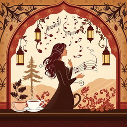 A captivating wallpaper graphic design for a coffee shop, drawing inspiration from the legendary Lebanese singer Fairouz