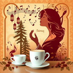 A captivating wallpaper graphic design for a coffee shop, drawing inspiration from the legendary Lebanese singer Fairouz