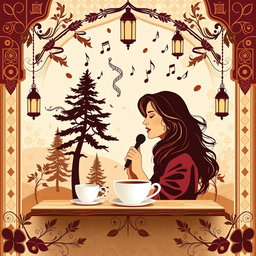 A captivating wallpaper graphic design for a coffee shop, drawing inspiration from the legendary Lebanese singer Fairouz