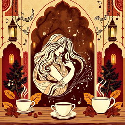 A captivating wallpaper graphic design for a coffee shop, drawing inspiration from the legendary Lebanese singer Fairouz