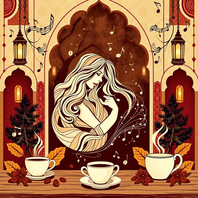 A captivating wallpaper graphic design for a coffee shop, drawing inspiration from the legendary Lebanese singer Fairouz