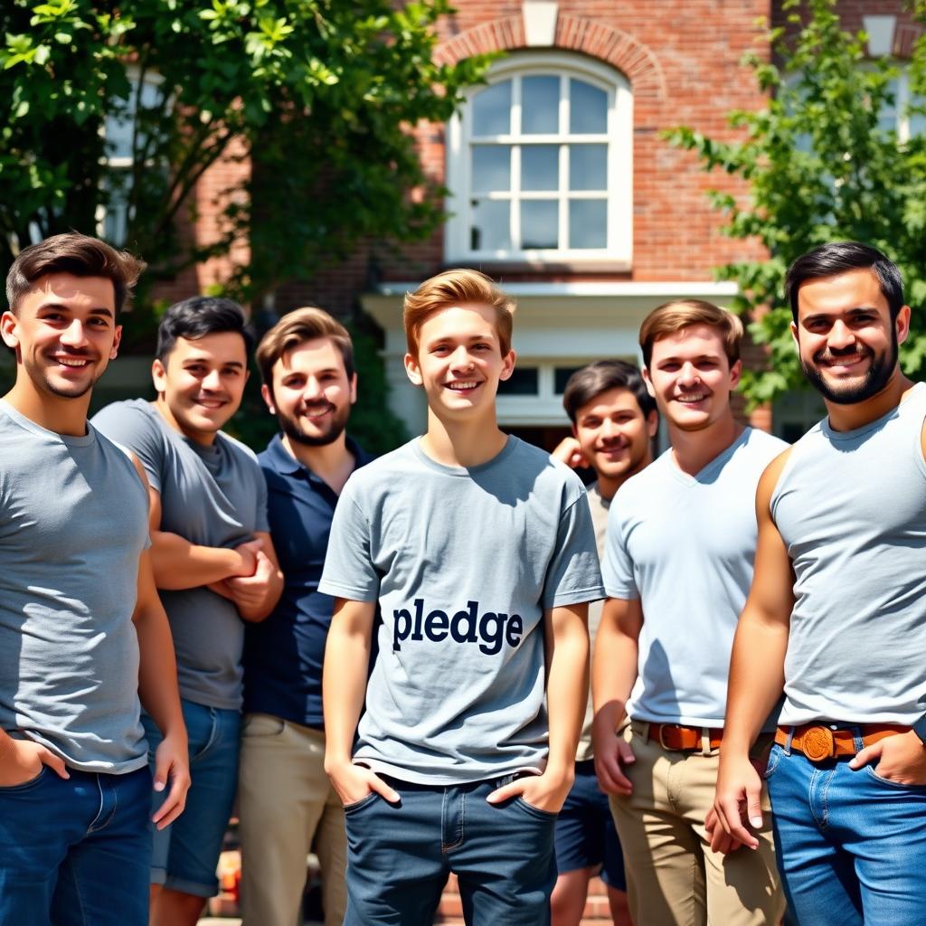 A lively scene showing a cute, petite gay fraternity pledge in the center, wearing a shirt that clearly says 'pledge'