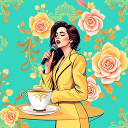 An elegant wallpaper graphic design for a coffee shop, inspired by the famous Lebanese singer Fairouz