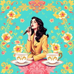 An elegant wallpaper graphic design for a coffee shop, inspired by the famous Lebanese singer Fairouz