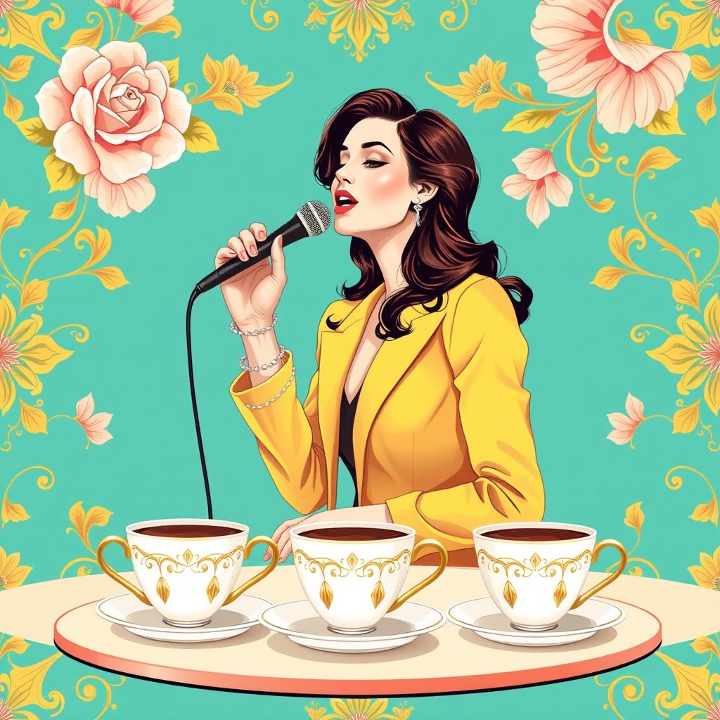 An elegant wallpaper graphic design for a coffee shop, inspired by the famous Lebanese singer Fairouz
