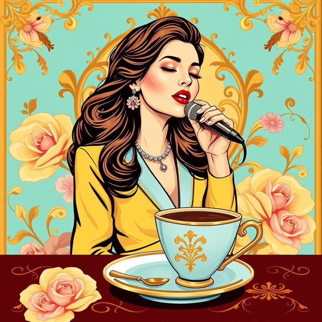 An elegant wallpaper graphic design for a coffee shop, inspired by the famous Lebanese singer Fairouz