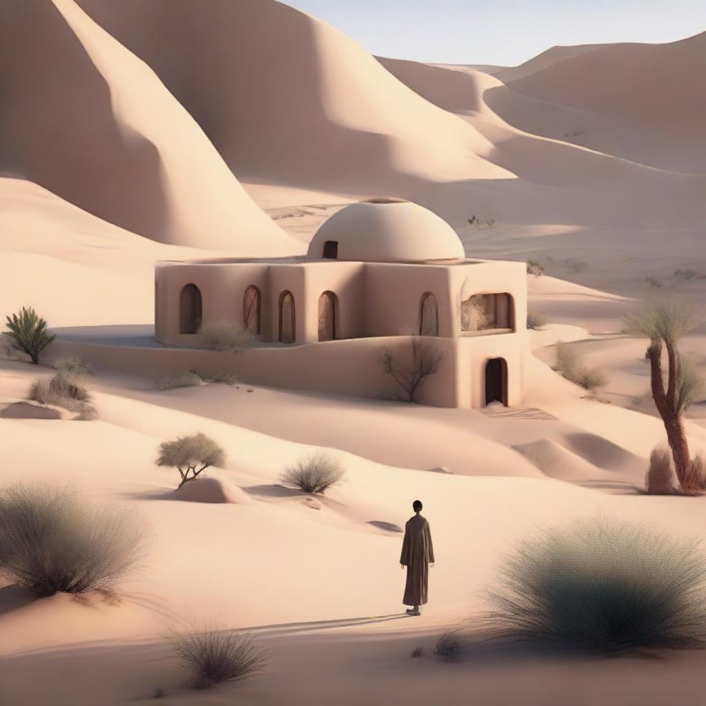 A serene and beautiful desert landscape featuring an exquisite and well-equipped house, symbolizing a princess's refuge. The house should neither be lavish nor underwhelming, rather a perfect blend of luxury and minimalist aesthetic.