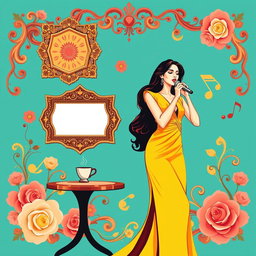 A vibrant wallpaper graphic design for a coffee shop, inspired by the famous Lebanese singer Fairouz