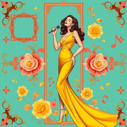 A vibrant wallpaper graphic design for a coffee shop, inspired by the famous Lebanese singer Fairouz