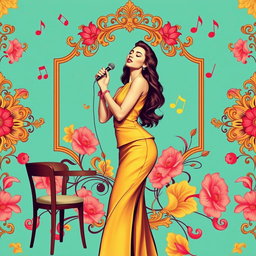 A vibrant wallpaper graphic design for a coffee shop, inspired by the famous Lebanese singer Fairouz