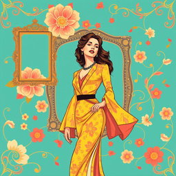 A vibrant wallpaper graphic design for a coffee shop, inspired by the famous Lebanese singer Fairouz