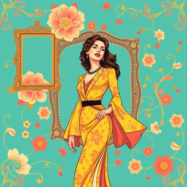 A vibrant wallpaper graphic design for a coffee shop, inspired by the famous Lebanese singer Fairouz