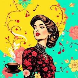 A captivating wallpaper graphic design for a coffee shop, inspired by the famous Lebanese singer Fairouz