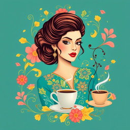 A captivating wallpaper graphic design for a coffee shop, inspired by the famous Lebanese singer Fairouz