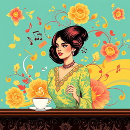 A captivating wallpaper graphic design for a coffee shop, inspired by the famous Lebanese singer Fairouz